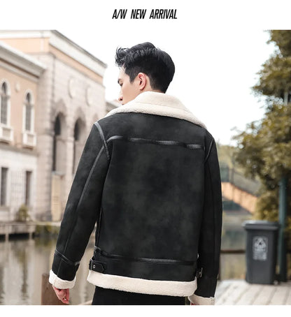 Fashion Solid Slim Korean Style Leather Coat Fleece Jacket Men Leather Jacket Winter Faux Fur Collar Windproof Warm Clothing
