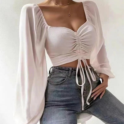 Women's Puff-Sleeve Lace-Up V-Neck Top