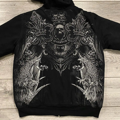 Apex Ritual – Vintage Y2K Skull Print Zip-Up Hoodie – Oversized Hip Hop Pullover Unisex