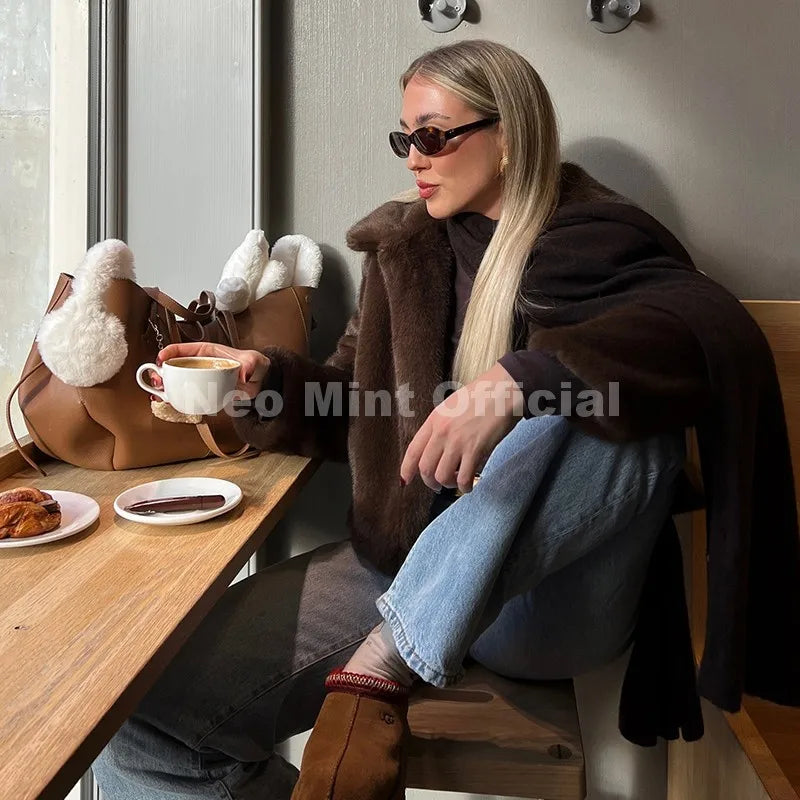 Neo Mint Cool Street Girls Fashion Brown Faux Fur Jacket Women Luxury Fake Mink Fur Coat 2025 Autumn Winter Warm Short Overcoat