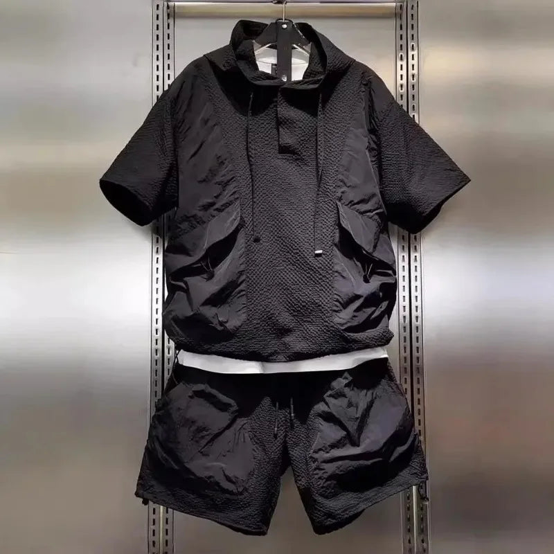 Fashionable Workwear Breathable Quick-drying Sports Suit Men's Textured Casual Hooded Short-sleeved Shorts Two-piece Set