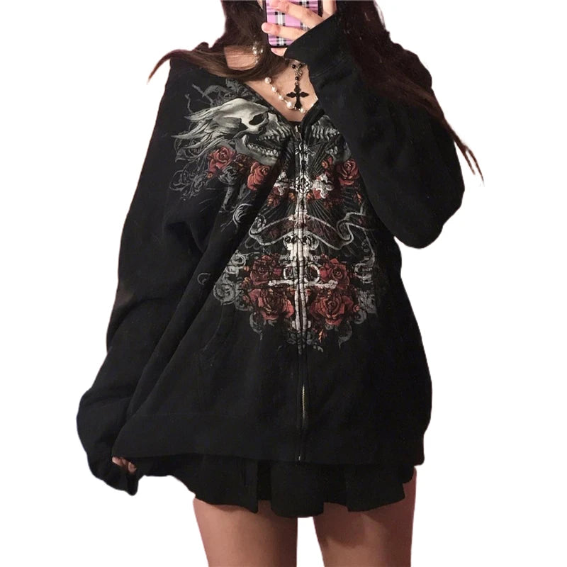 Hoodie Kawaii Y2k Anime Cartoon Goth Zip Up Hoodie Woman Harajuku Streetwear Loose Long Sleeve Sweatshirts Femme Sweatshirts