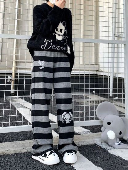 Kimotimo Punk Anime Printed Striped Pants Women Harajuku Y2k Straight Casual Long Trousers 2025 Autumn Vintage Gothic Streetwear