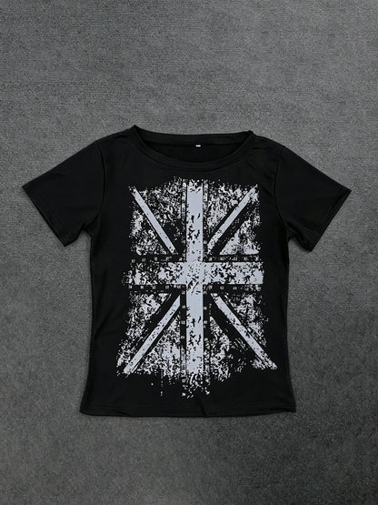 2026 Vintage Gothic Cross Hot Stamping Style Harajuku Round Neck T-Shirt Slim Fit Short Top
