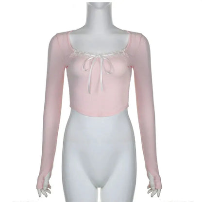Mooyu Cute Bandage Bow Cropped Top Pink Sweet Coquette Sweet T Shirts Fall Spring Casual Square Collar Tees Women y2k Aesthetic