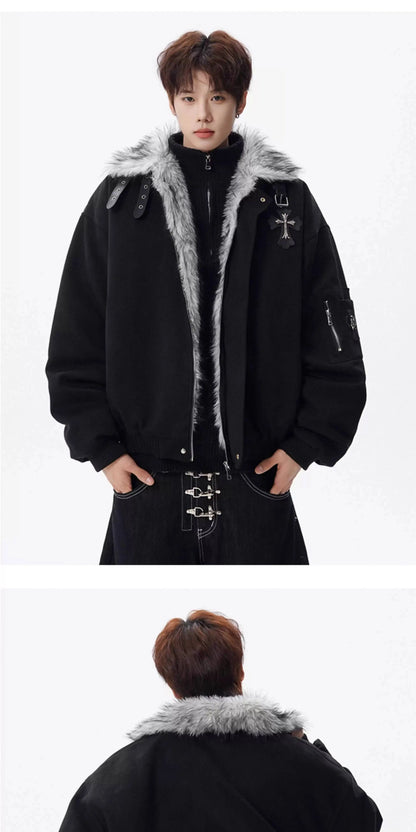 PFNW Fashion Versatile Warm Coat Autumn Winter New Men's Fur Collar High Quality Thick Cotton Jacket 28L1062