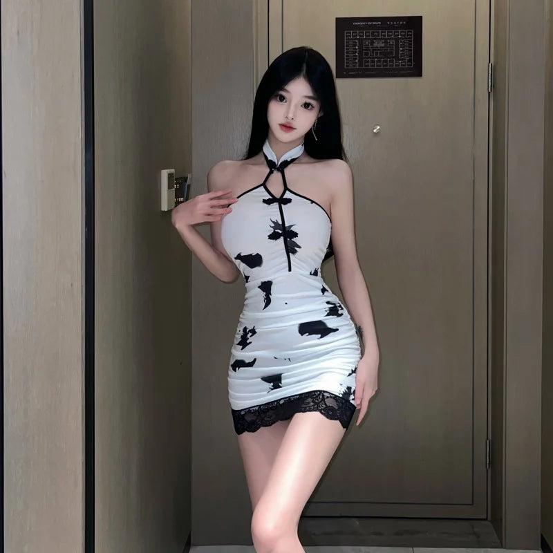 Women's Vintage Printed Cheongsam Mini Dress