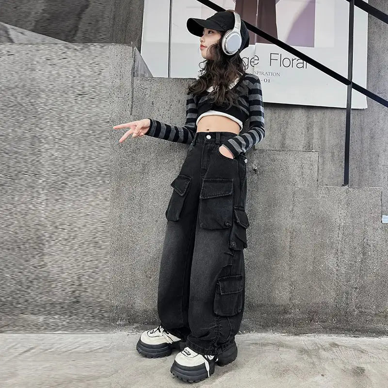 Cargo Jeans for Girls 2026 Spring Loose Casual Elastic Waist Teenage Children Wide Leg Pants Design Streetwear Kids Trousers