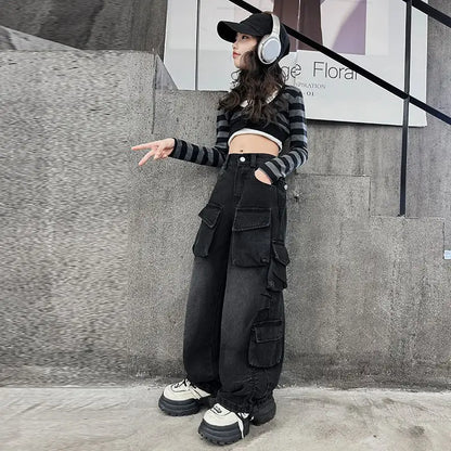 Cargo Jeans for Girls 2026 Spring Loose Casual Elastic Waist Teenage Children Wide Leg Pants Design Streetwear Kids Trousers