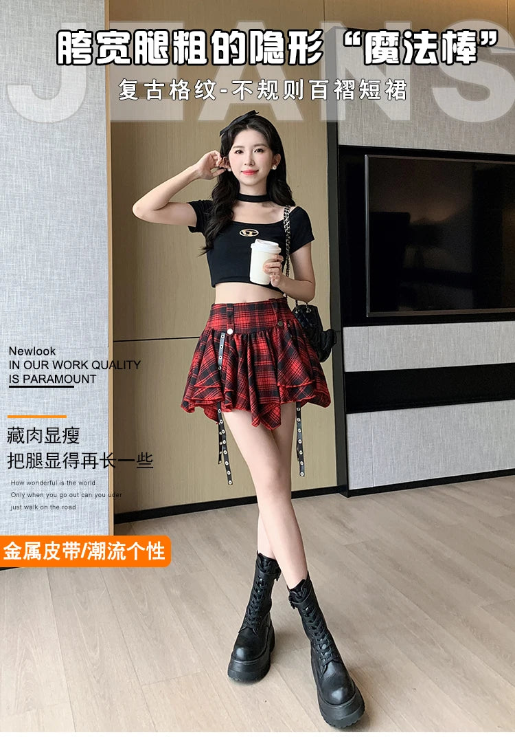 Sexy Plaid Pleated Mini Skirts For Women Y2k Casual Simple Korean Fashion Preppy Style Vintage Chic High Waist Faldas Hotsweet