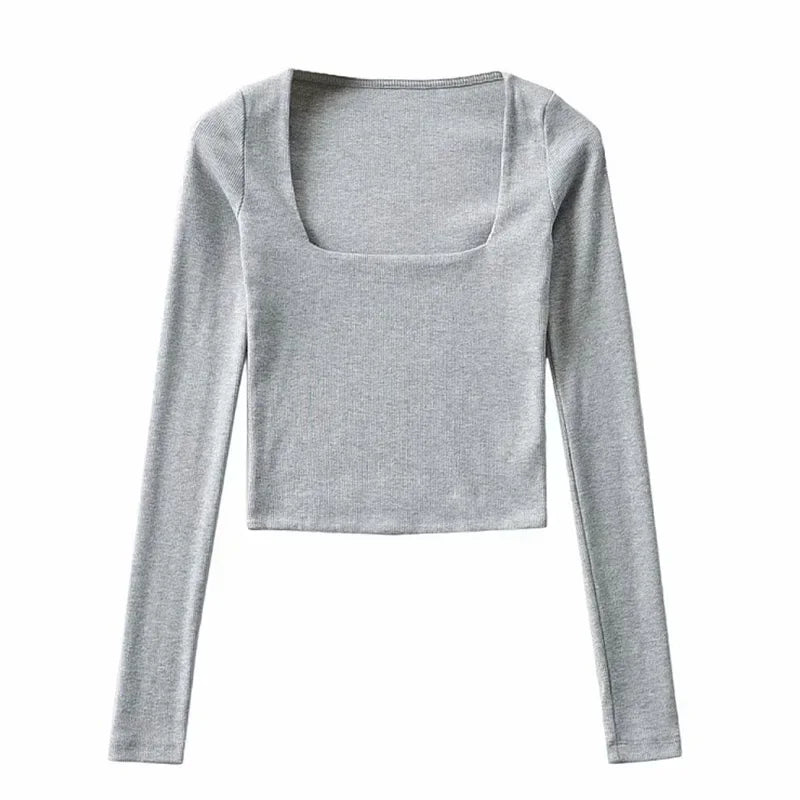 Women's Ribbed Square-Neck Long-Sleeve Crop Top