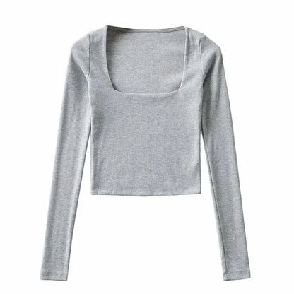 Women's Ribbed Square-Neck Long-Sleeve Crop Top