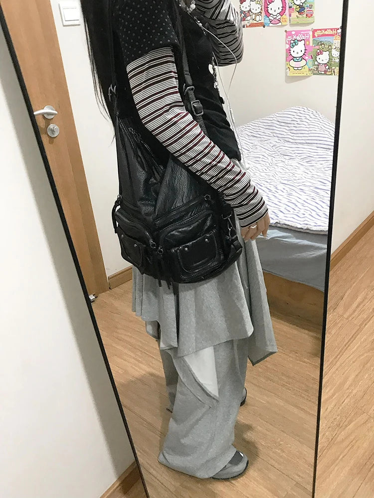 ReddaChic Wrappd Gray Sweatpants Lounge Elastic Waist Wide Leg Irregular Skirt Layering Trousers Grunge Korean Women Clothes