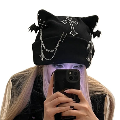 Gothic Grunge Cat Ear Bat Wing Black Beanie Hat Harajuku Punk Cross Chain Knitted Hat Women Winter Warm Chic Streetwear