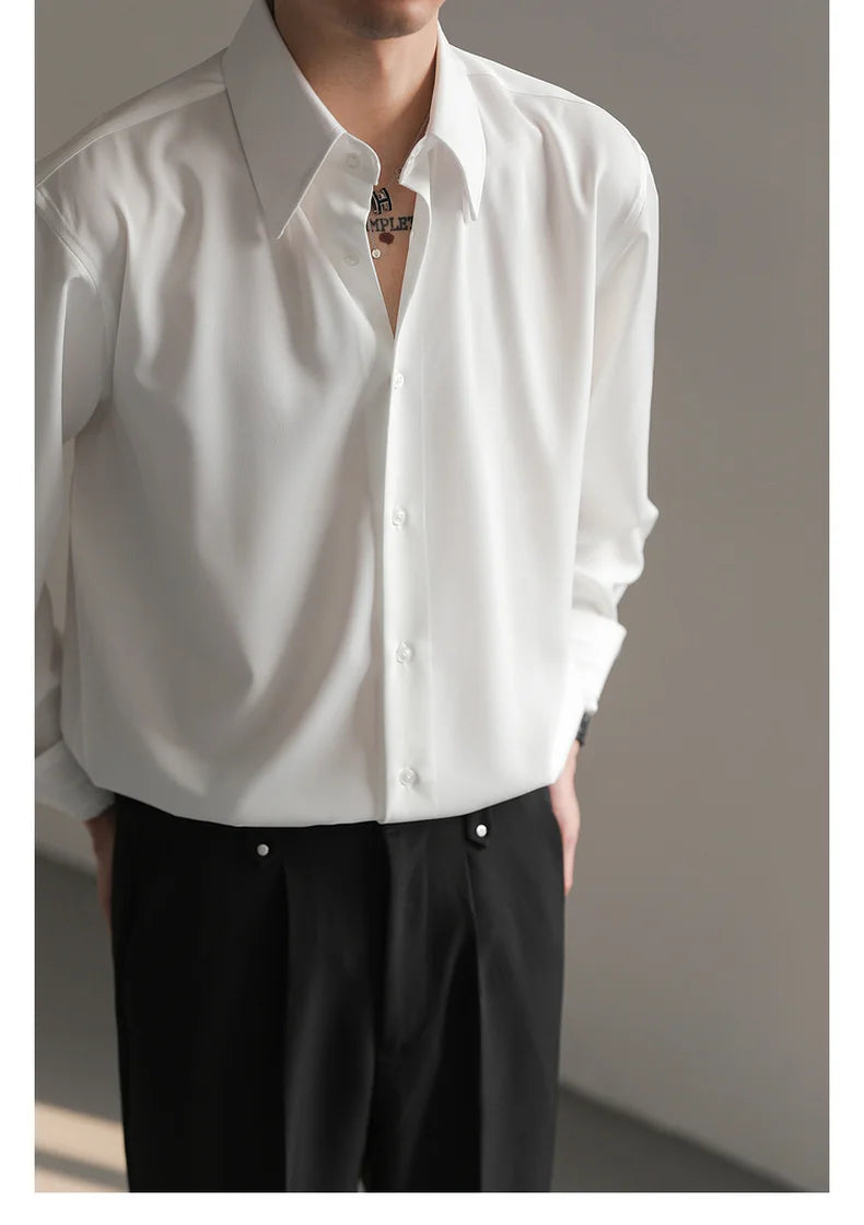 Black White Shirt Men Fashion Social Mens Dress Shirt Korean Loose Long Sleeved Shirt Mens Office Formal Shirts Ice Silk M-2XL