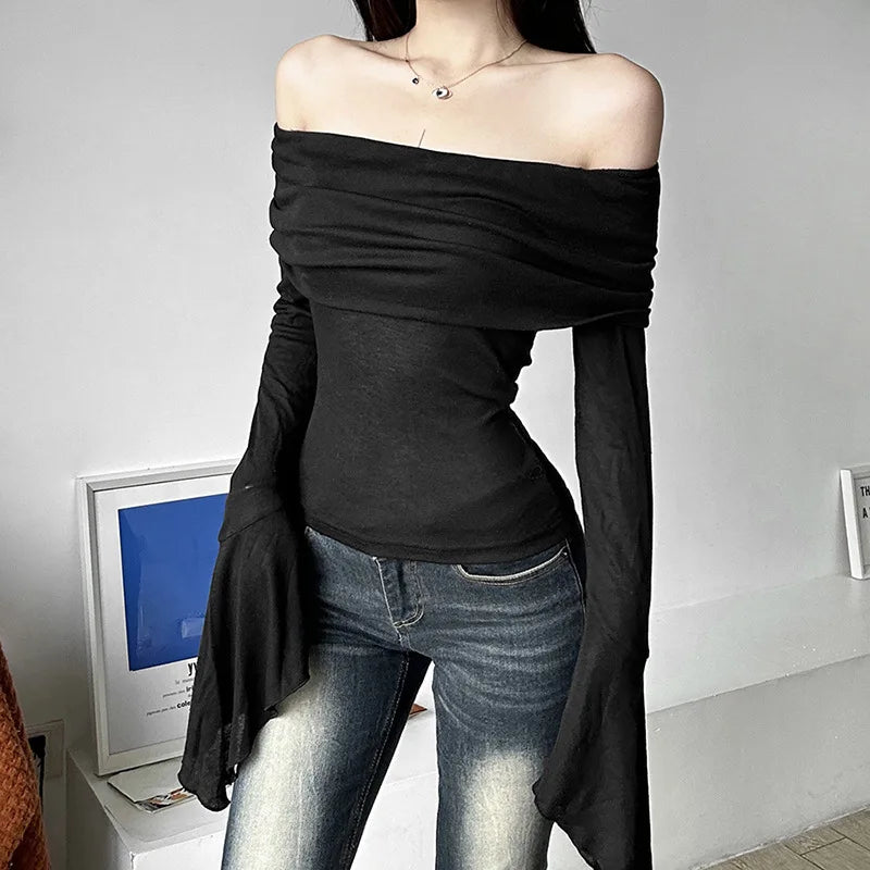 Y2k Aesthetic Simple Fashion Women's Tee Shirts Slash Neck Long Sleeve Solid Casual T-Shirts Vintage Off Shoulder Trendy Tshirts