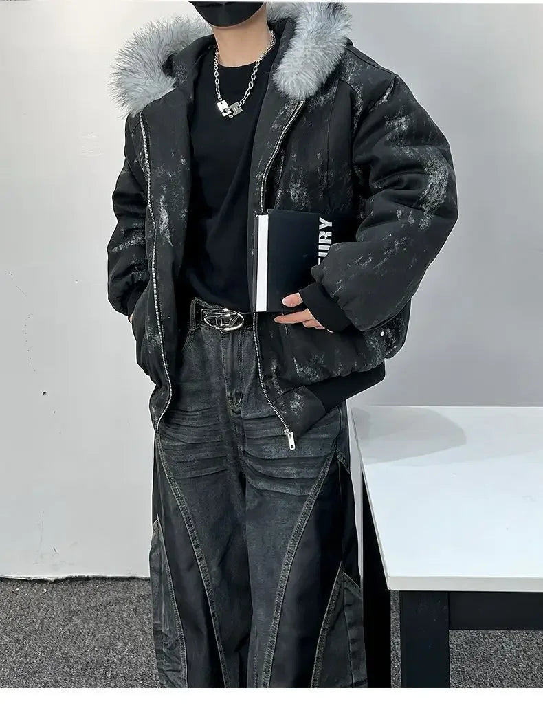 Winter men's cotton jacket with fur collar eagle embroidery and tie-dye design outdoor style jacket thickens and comfortable