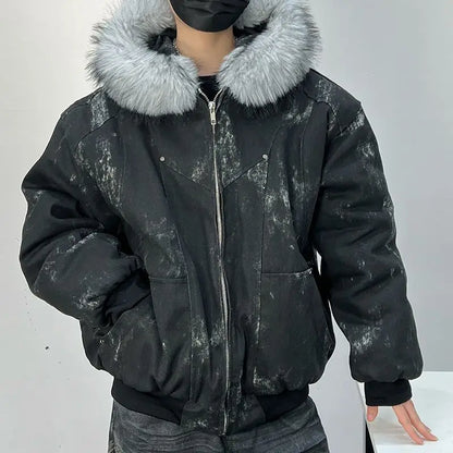 Winter men's cotton jacket with fur collar eagle embroidery and tie-dye design outdoor style jacket thickens and comfortable