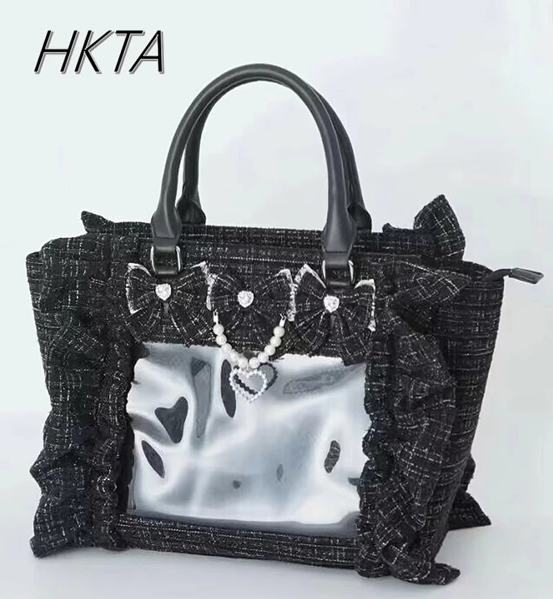 Japanese Style Mine Bags Women Ruffled Lace Lolita Girls Rhienstone Pearl Bowknot Square Tote Shoulder Portable Bolso Handbags