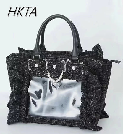 Japanese Style Mine Bags Women Ruffled Lace Lolita Girls Rhienstone Pearl Bowknot Square Tote Shoulder Portable Bolso Handbags
