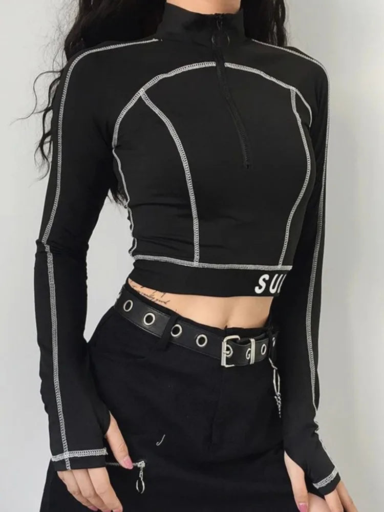 HKSH Spring New Women Tide Dark Sports T-shirt Turtleneck Long Sleeve Slim Fit High Elastic Ins Y2K Patchwork Splice Tees HK5067