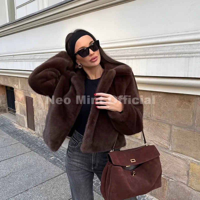 Neo Mint Cool Street Girls Fashion Brown Faux Fur Jacket Women Luxury Fake Mink Fur Coat 2025 Autumn Winter Warm Short Overcoat