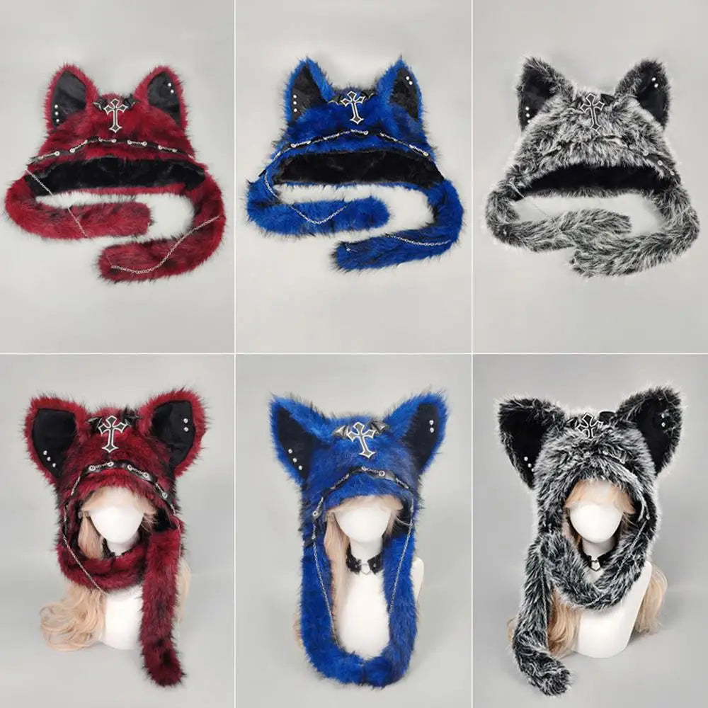 Winter Plush Beanie Hats Punk Wolf Furry Ear Protection Outdoor Windproof Caps Couples Headwear Gothic Dark Fursuit Cosplay Prop