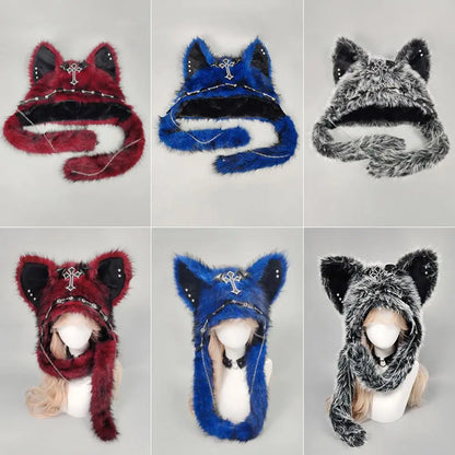 Winter Plush Beanie Hats Punk Wolf Furry Ear Protection Outdoor Windproof Caps Couples Headwear Gothic Dark Fursuit Cosplay Prop