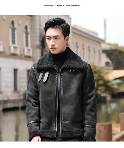 Fashion Solid Slim Korean Style Leather Coat Fleece Jacket Men Leather Jacket Winter Faux Fur Collar Windproof Warm Clothing