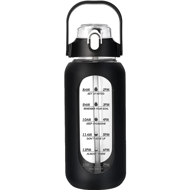 1000ML Glass Water Bottles With Straw, Glass Bottle With Silicone Sleeve And Time Marker, For Gym Camping Home Office