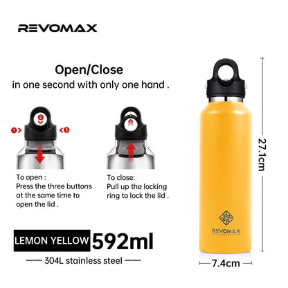 RevoMax-Double Wall Insulated Water Bottle, Outdoor Travel Sports Bottles, Stainless Steel Thermos for Tea, Thermal Cup, 600ml