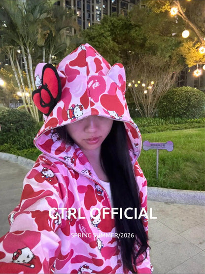 In  Stock  Anime Hello Kittys Hooded Jacket Girl Commuting Coat Jacket Kuromi Anime 3d Ears Hooded Cute Leopard Print Clothes