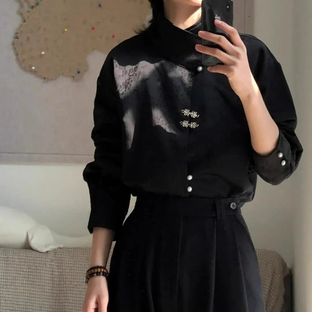Style National Style Satin Irregular Dark Pattern Stand Collar Trendy Retro Metal Plate Button Long-sleeved Shirt for Men Women
