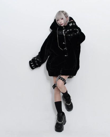Lautaro Autumn Winter Thick Warm Faux Fur Coat Women with Hood Zipper Luxury Japanese Style Punk Harajuku Fluffy Jacket 2026
