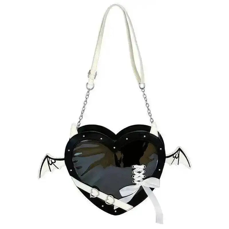 Heart Devil Wings Punk Itabags Belt Buckle Gothic Shoulder Pain Bag PU Leather Y2k Display Chain Crossbody Bag Cosplay Bag Girls