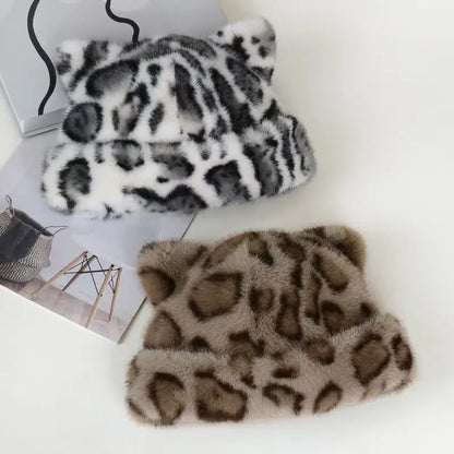 Women's Winter Cute Beanies Hats Fake Fur Keep Warm Leopard Print Rolled Edge Beanie Caps
