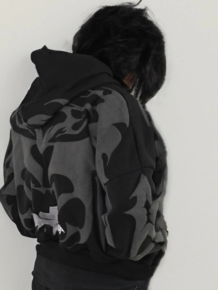 Punk High Street Fashion Destructive Style Zipper Hoodie Men Multi Pocket Embroidered Whisker Design Casual Sweatshirt Autumn