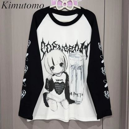 Kimutomo T Shirts Women Cartoon Printed Long Sleeve Loose Fashion Punk Style Grunge Gothic Y2k Aesthetic Harajuku Tops Ladies
