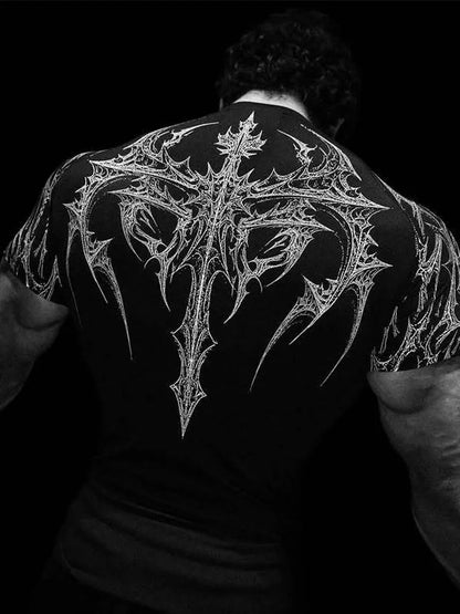 New Summer GYM T-shirt Men's Gothic Print Muscle Tee High Elasticity And - APEX RITUAL men's t-shirts