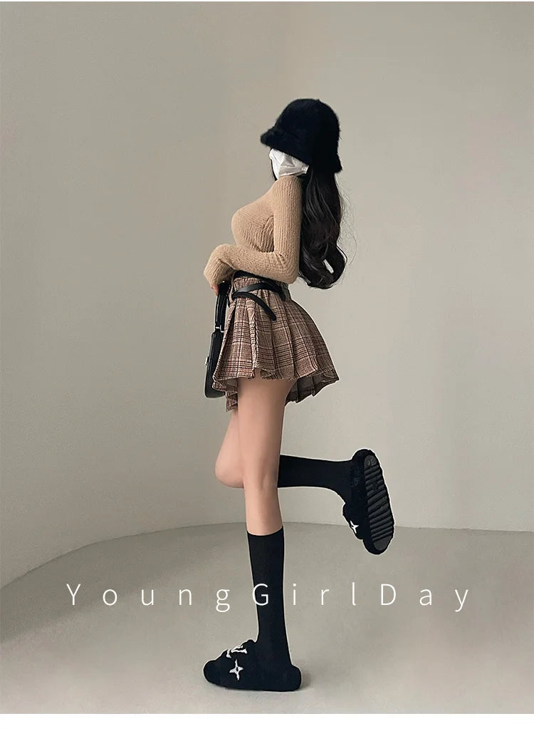 WOMENGAGA Preppy Style High Waist Slim Double Belt Slip Plaid Pleated Skirt Fashion Sexy Korean Women JK Skirts Sweet X8WN