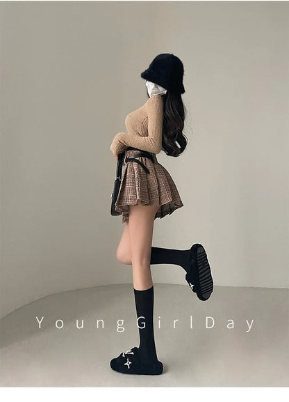 WOMENGAGA Preppy Style High Waist Slim Double Belt Slip Plaid Pleated Skirt Fashion Sexy Korean Women JK Skirts Sweet X8WN