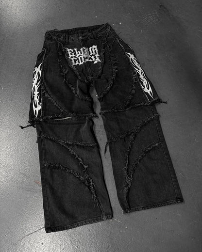 Y2k Patchwork Stripe Embroidery Fur Edge Jeans Fashion America Retro Zipper - APEX RITUAL men's jeans