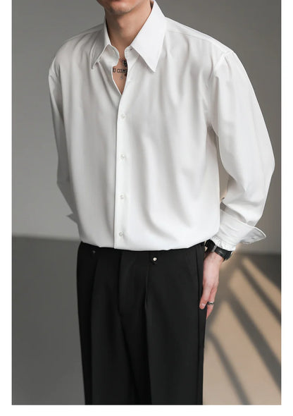 Black White Shirt Men Fashion Social Mens Dress Shirt Korean Loose Long Sleeved Shirt Mens Office Formal Shirts Ice Silk M-2XL
