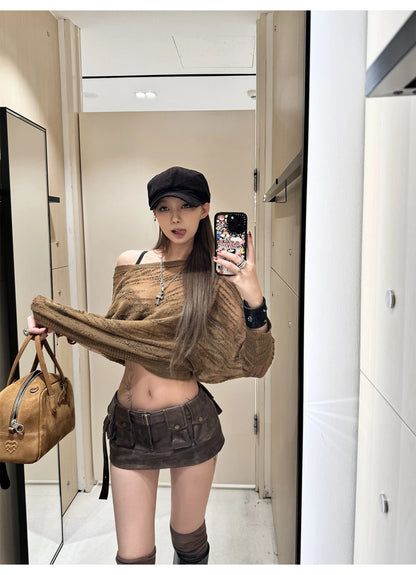 Lautaro Spring Summer Cool Sexy Vintage Distressed Brown Pu Leather Mini Skirt Women Three-dimensional Pockets Belt Streetwear