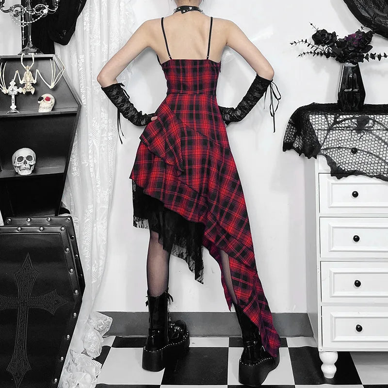 Women's Plaid Lace Spaghetti-Strap Midi Dress