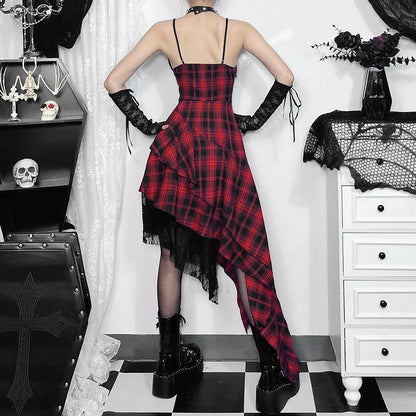 Women's Plaid Lace Spaghetti-Strap Midi Dress