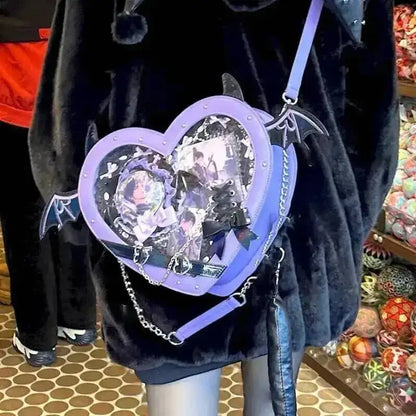 Heart Devil Wings Punk Itabags Belt Buckle Gothic Shoulder Pain Bag PU Leather Y2k Display Chain Crossbody Bag Cosplay Bag Girls