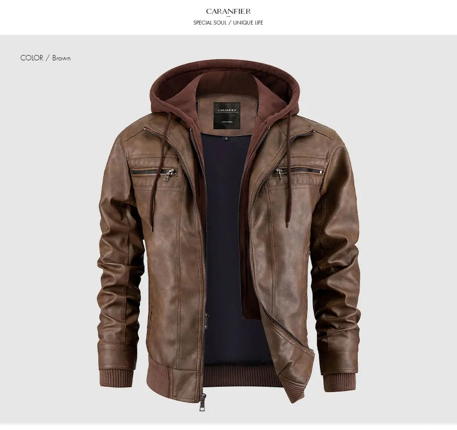 CARANFIER Men PU Leather Jacket Male Moto Biker Hooded Luxury Coats Clothing Faux Vintage Outerwear Chaqueta Hombre Dropshipping