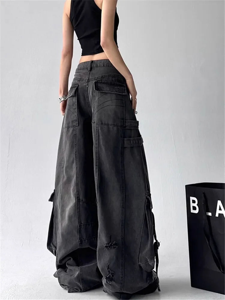 American Gothic Heavy-Industry Multi-Pocket Ripped Black Jeans Retro Fashion Men and Women Loose Wide Legs Casual Pants