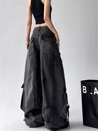 American Gothic Heavy-Industry Multi-Pocket Ripped Black Jeans Retro Fashion Men and Women Loose Wide Legs Casual Pants